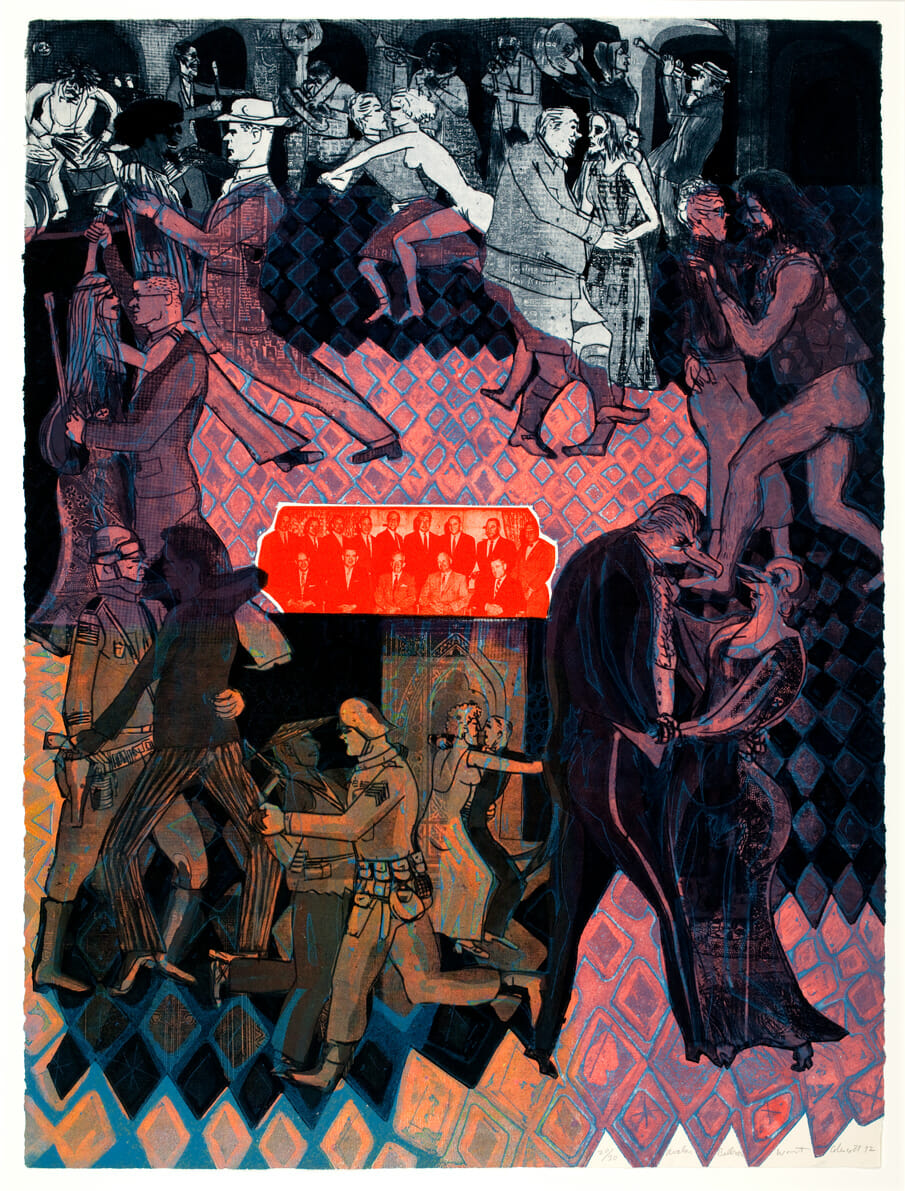 Avalon Ballroom. Artist: Warrington Colescott. Date: 1972. Medium: drypoint, softground etching, aquatint with roulette, vibrograver, letterpress photo plate, viscosity inking, industrial materials relief-rolled and relief rolls through stencils on paper.