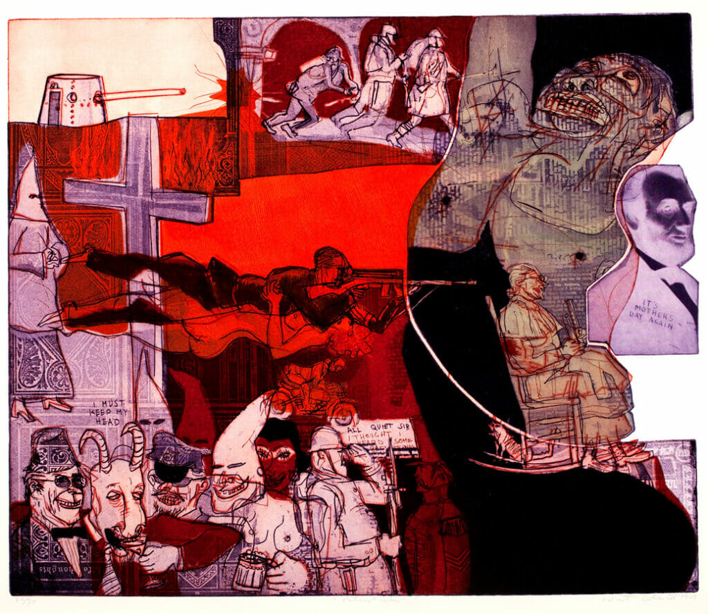Patrioticks. Artist: Warrington Colescott. Date: 1969. Medium: soft-ground etching, drypoint, and aquatint, with roulette, vibrograver, found letterpress photo plate, and relief rolls through stencils.