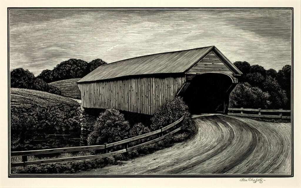 Covered Bridge. Artist: Asa Cheffetz. Date: 1945. Medium: wood engraving.