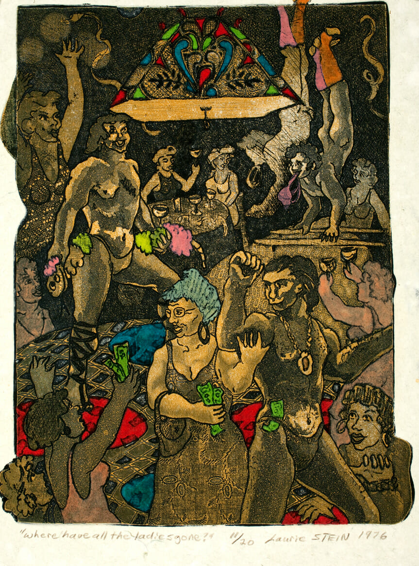 Where Have All the Ladies Gone?. Artist: Laurie Stein Bush. Date: 1976. Medium: color etching and aquatint on paper.