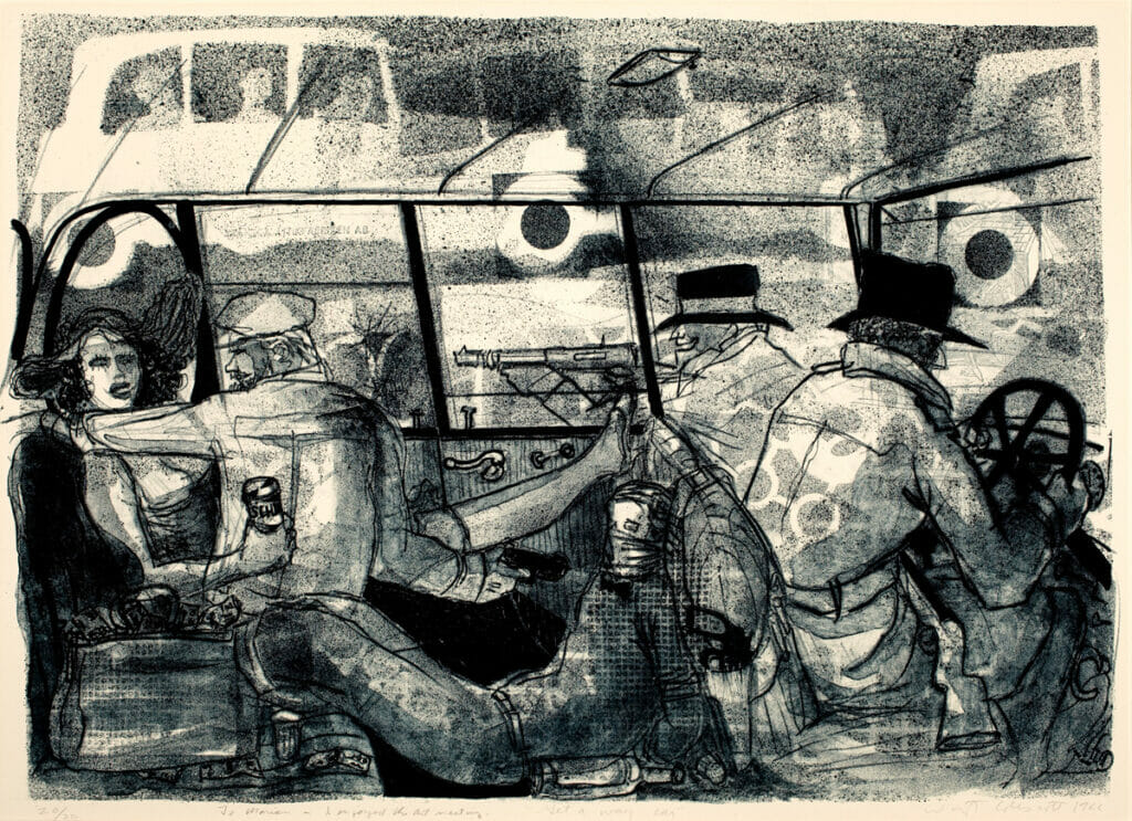 Get-Away Car. Artist: Warrington Colescott. Date: 1966. Medium: lithograph.