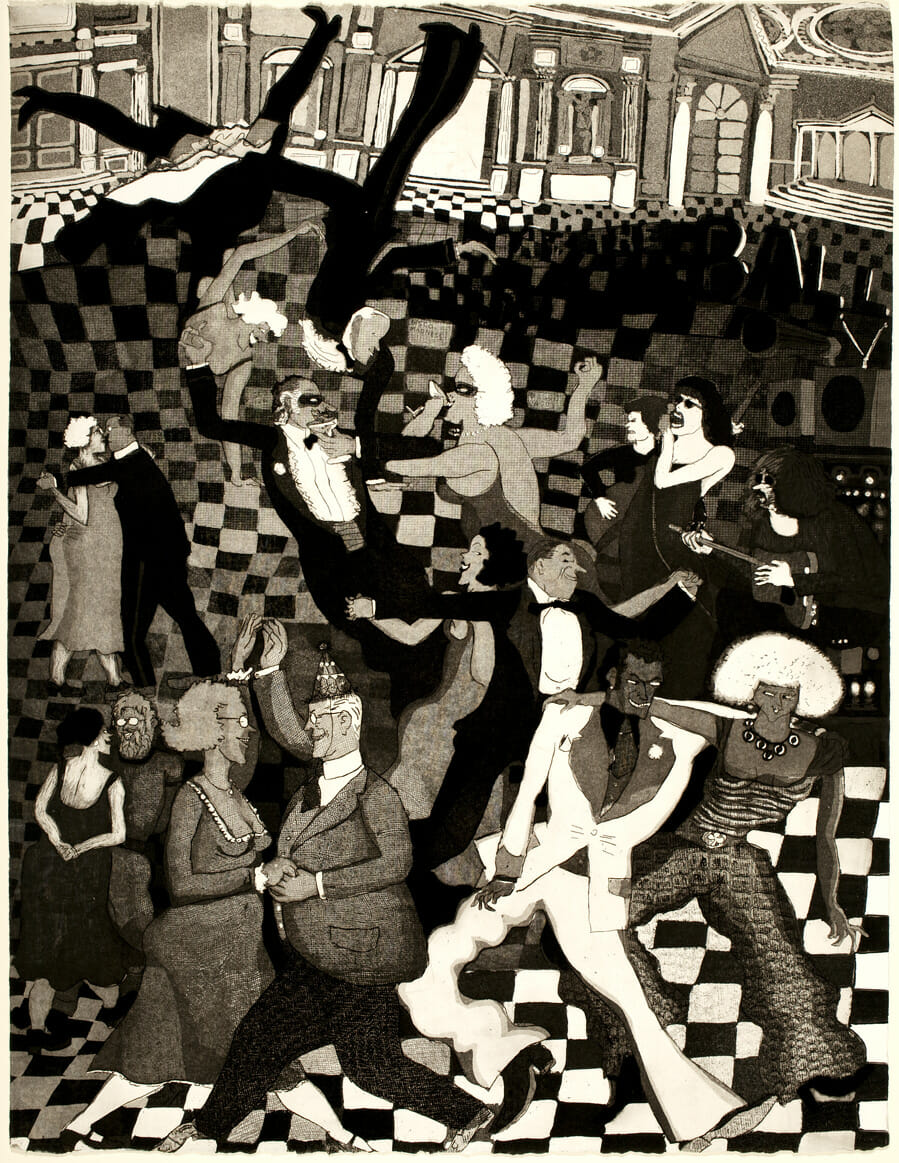 At the Ball, State II. Artist: Warrington Colescott. Date: 1980. Medium: soft-ground etching and aquatint, with vibrograver.