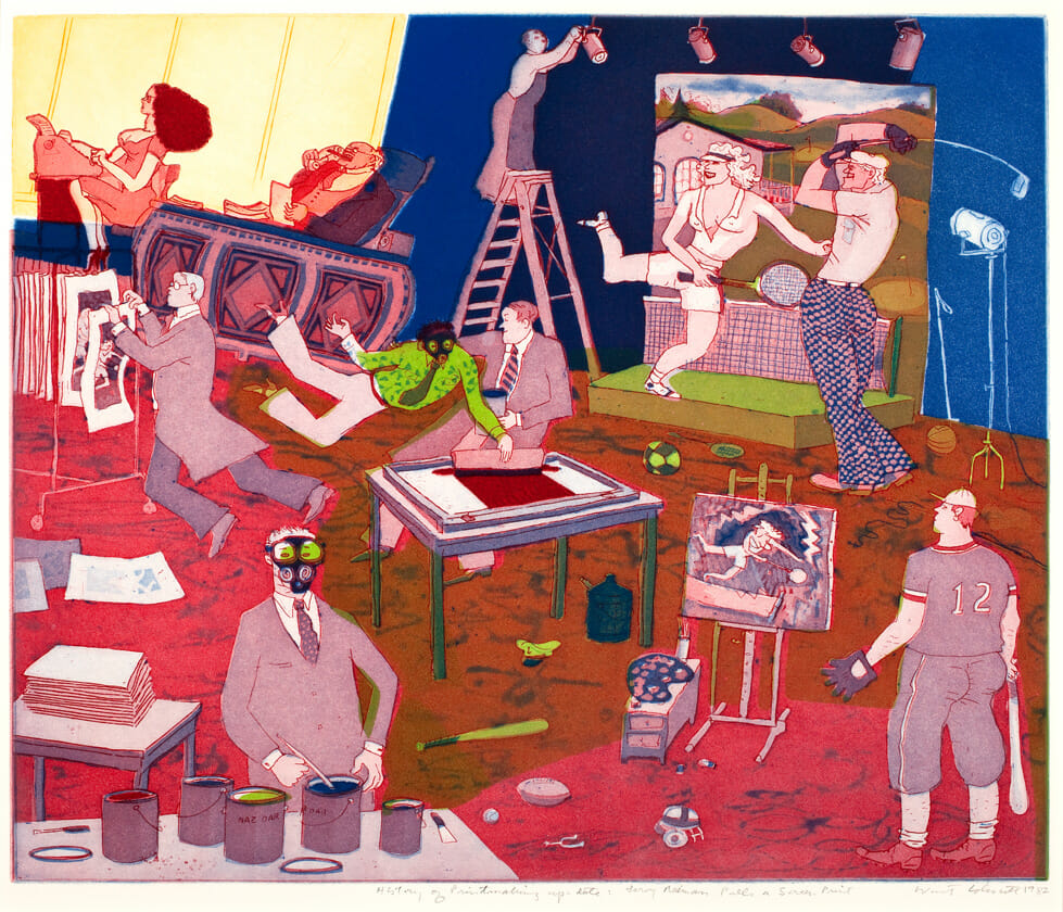 The History of Printmaking: Leroy Neiman Pulls a Screen Print. Artist: Warrington Colescott. Date: 1981. Medium: softground etching, aquatint, and spit-bite aquatint, with relief rolls through stencils.