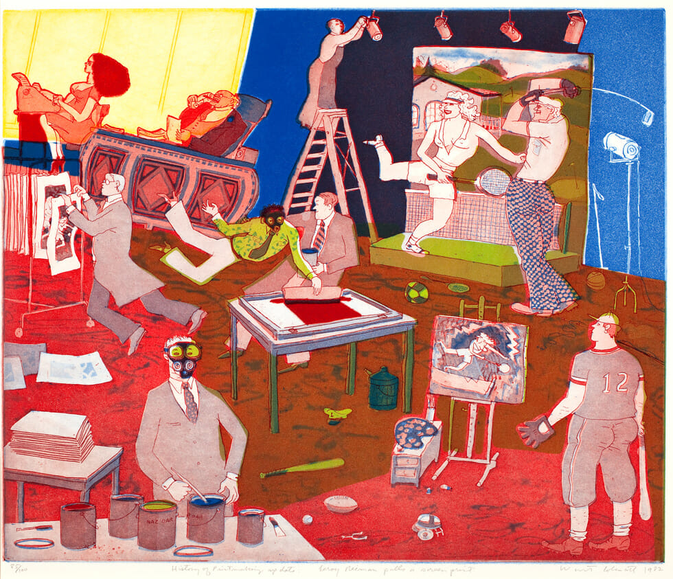 History of Printmaking Update: Leroy Neiman Pulls a Screen Print. Artist: Warrington Colescott. Date: 1982. Medium: soft-ground etching, aquatint, & spit-bite aquatint, w relief rolls through stencils.