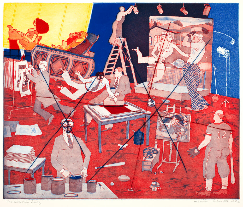 History of Printmaking: Leroy Neiman Pulls a Screen Print. Artist: Warrington Colescott. Date: 1982. Medium: Soft-ground etching, aquatint, & spit-bite aquatint, w relief rolls through stencils.
