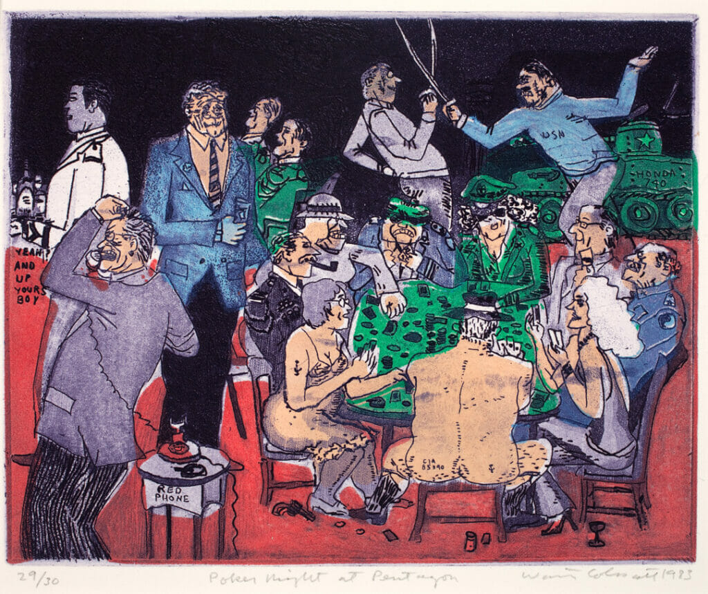 Poker Night at Pentagon. Artist: Warrington Colescott. Date: 1983. Medium: soft-ground etching and aquatint, with relief rolls through stencils.