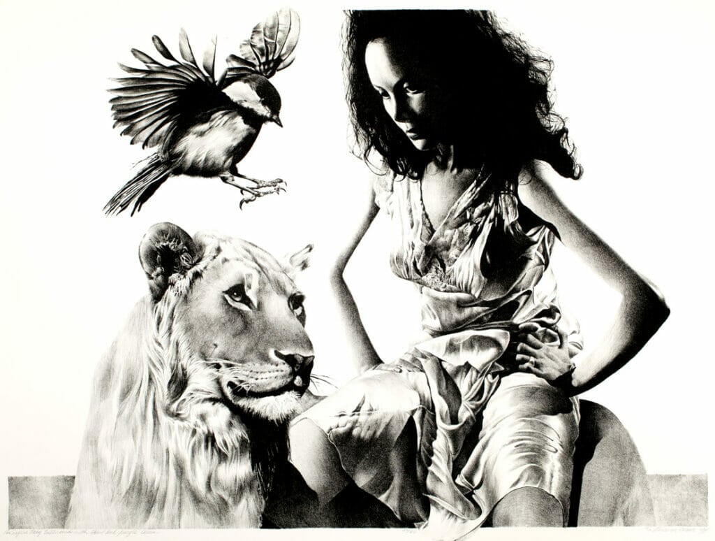 Safari Lady Enthroned with Fowl and Jungle Queen. Artist: S. Tucker Cooke. Date: 1974. Medium: lithograph.