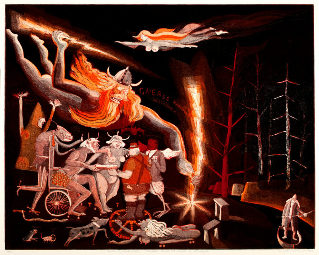 Senefelder Receives the Secrets of Lithography. Artist: Warrington Colescott. Date: 1976. Medium: Soft-ground etching and aquatint, with vibrograver on paper.