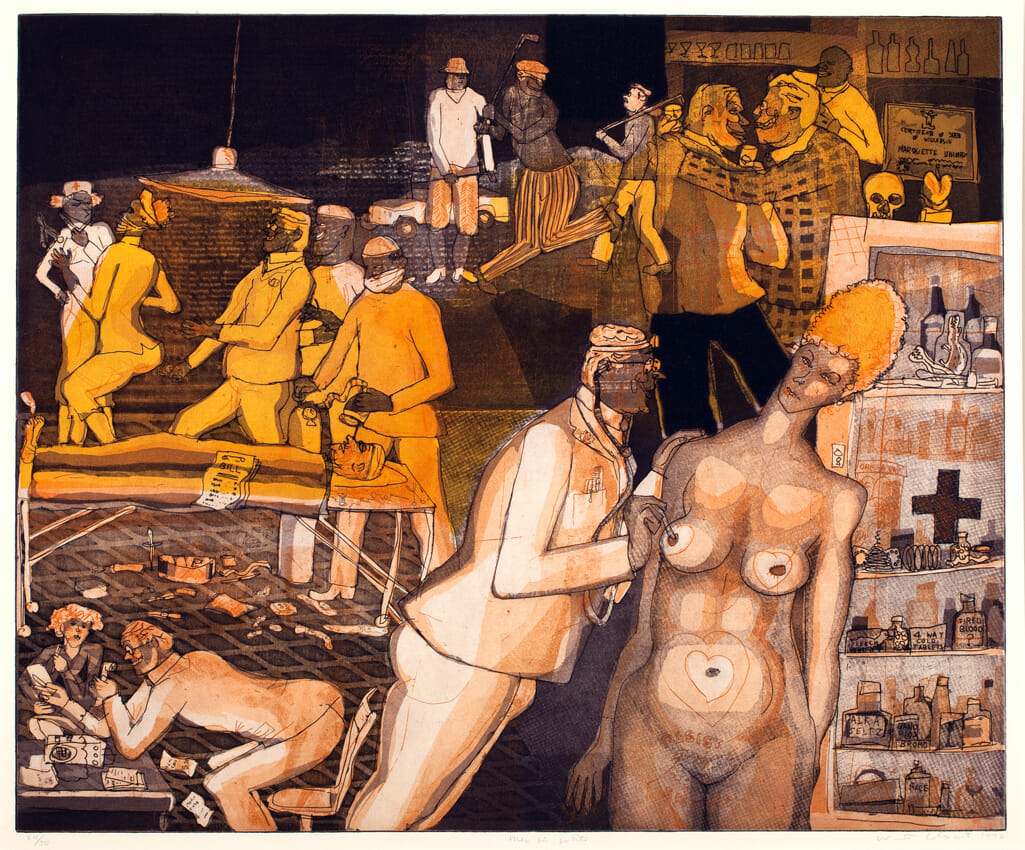 Men in White. Artist: Warrington Colescott. Date: 1972. Medium: Soft-ground etching and aquatint, with vibrograver, and relief rolls through stencils on paper.