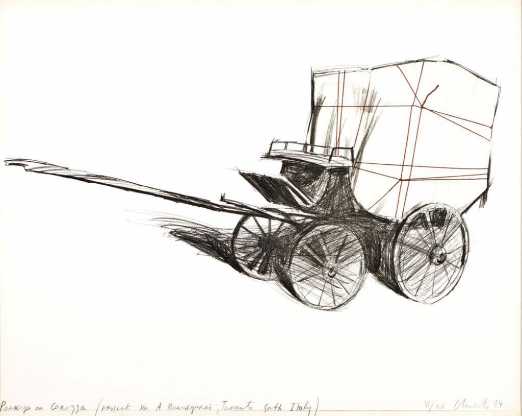 Package on Carozza. Artist: Christo and Jeanne-Claude. Date: 1984. Medium: collaged lithograph with fabric and twine.