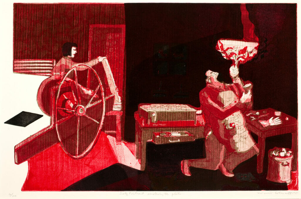 Self-Portrait Smoking the Plate. Artist: Warrington Colescott. Date: 1980. Medium: soft-ground etching and aquatint, with relief rolls through stencils.