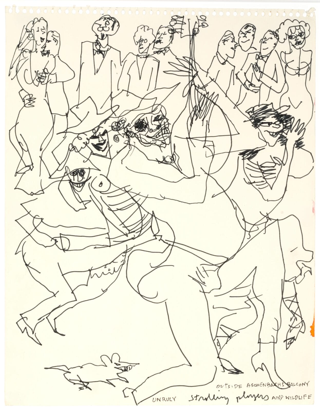 Outside Aschenbach’s Balcony, Unruly Strolling Players and Wildlife. Artist: Warrington Colescott. Date: no date. Medium: ink.