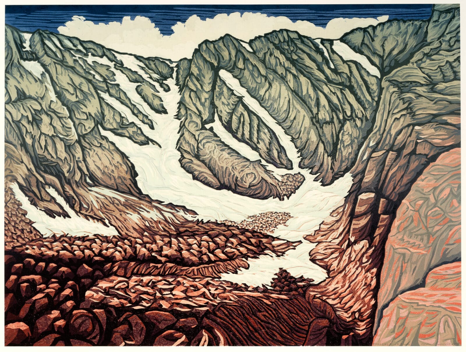 Taylor Glacier ROMO. Artist: Bruce Crownover. Date: 2018. Medium: color woodcut on archival Okawara Washi paper.