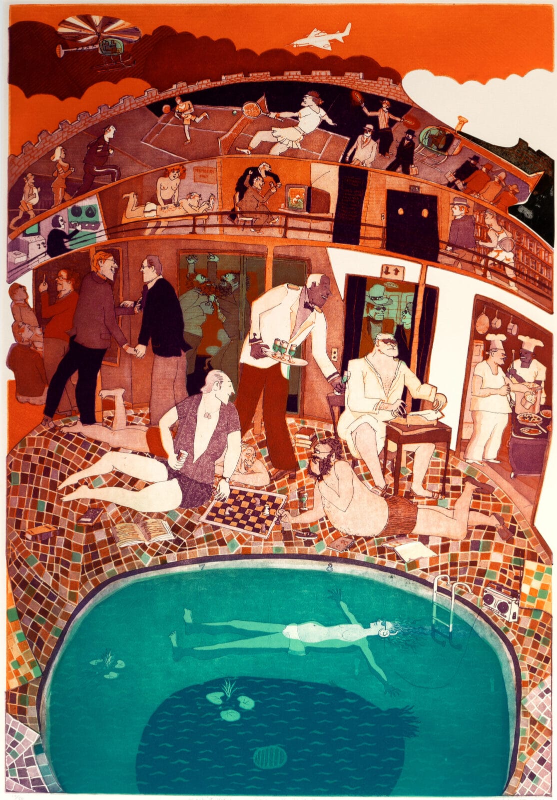 The Hollandale Tapes: Down in the Think Tank. Artist: Warrington Colescott. Date: 1982. Medium: color soft-ground etching, with à la poupée inking, and relief rolls through stencils.