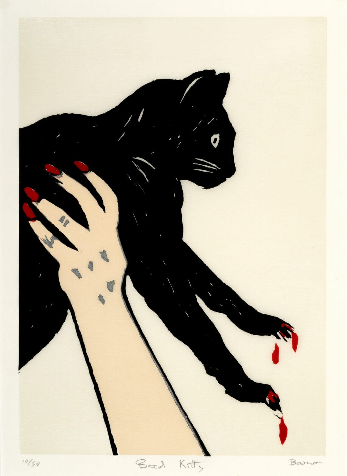 Bad Kitty. Artist: Richard Bosman. Date: 2019. Medium: woodcut and relief.