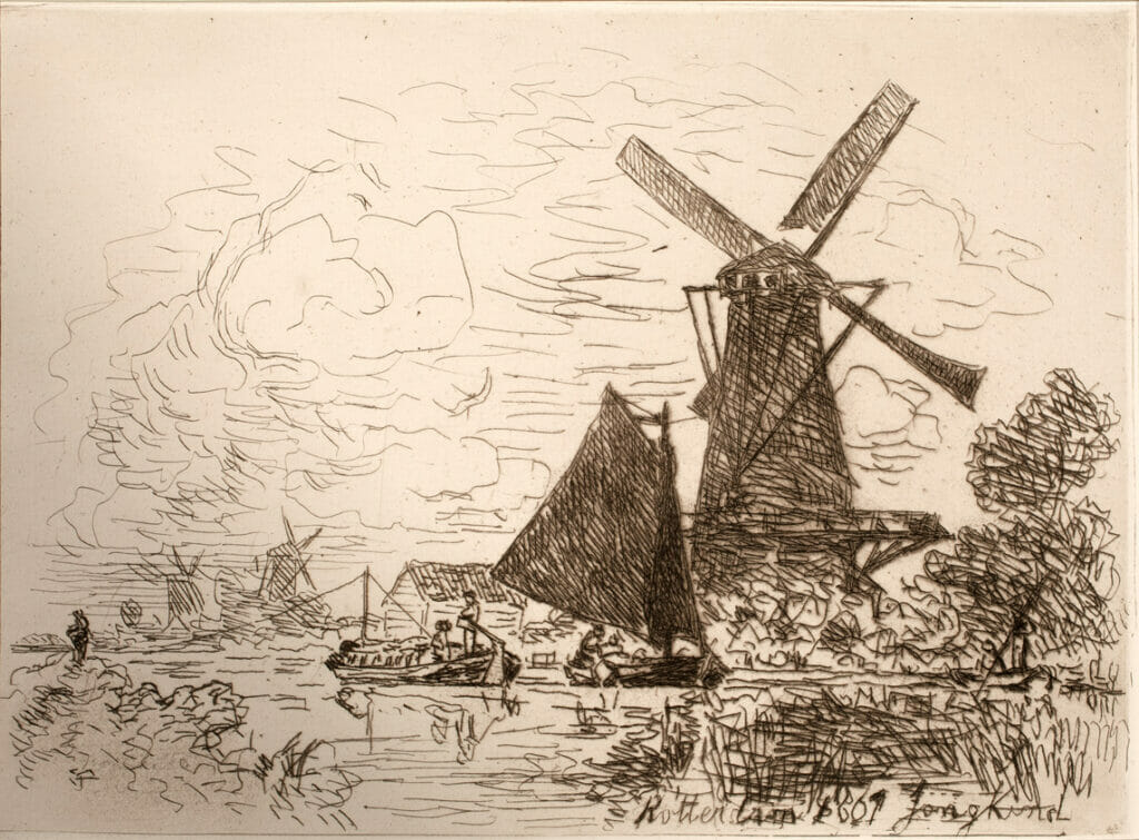 Rotterdam (Moulins en Hollande). Artist: Johann Barthold Jongkind. Date: 1867. Medium: etching and chine colle.