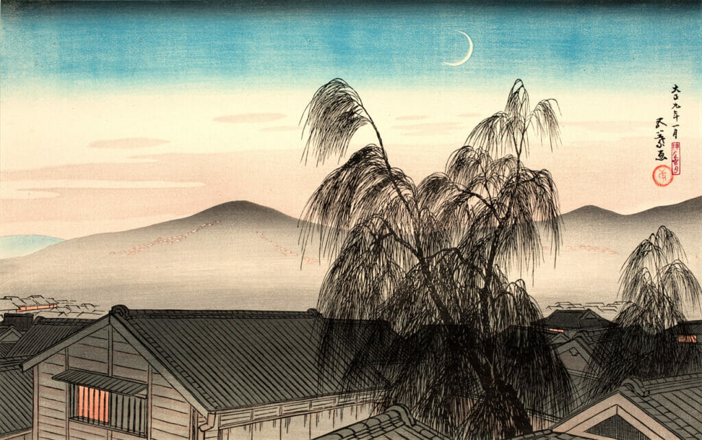 Evening Moon at Kobe. Artist: Hashiguchi Goyō. Date: 1920. Medium: woodblock.