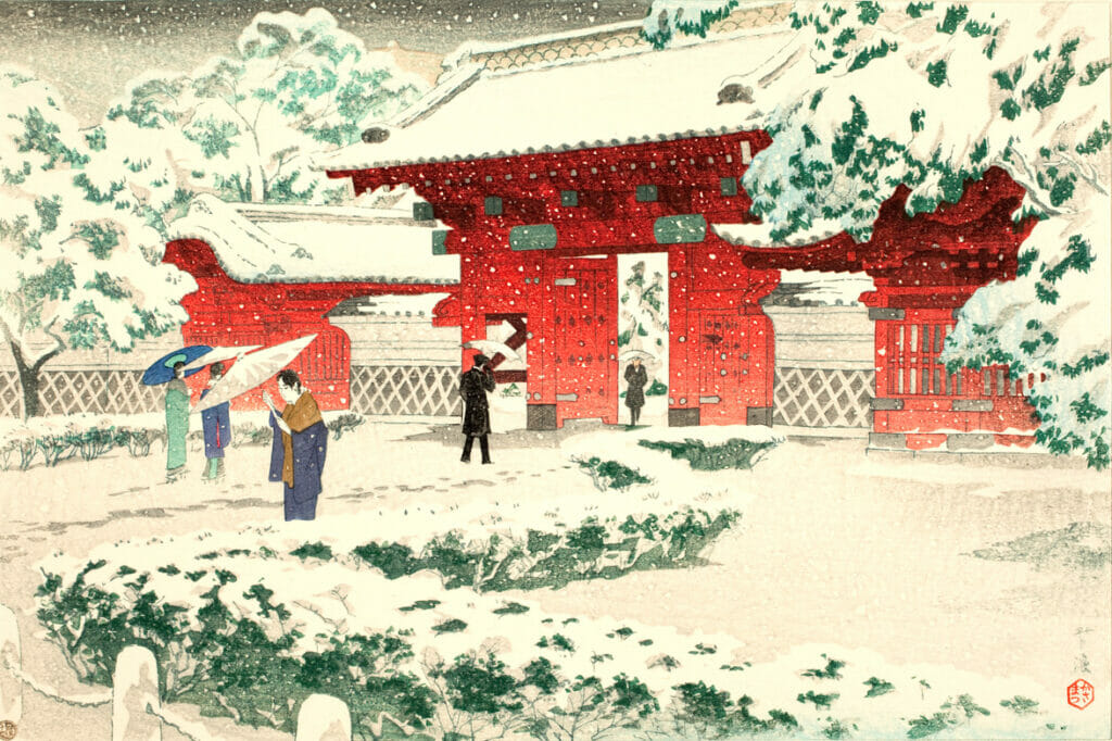 Imperial University (Red Gate at Hongo in Snow). Artist: Shiro Kasamatsu. Date: 1935. Medium: woodblock.