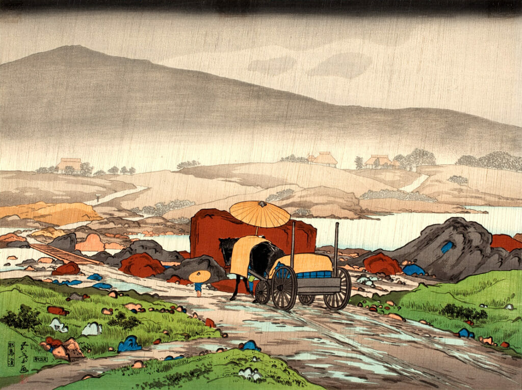 Rain at Yabakei Valley. Artist: Hashiguchi Goyō. Date: 1918. Medium: woodblock.