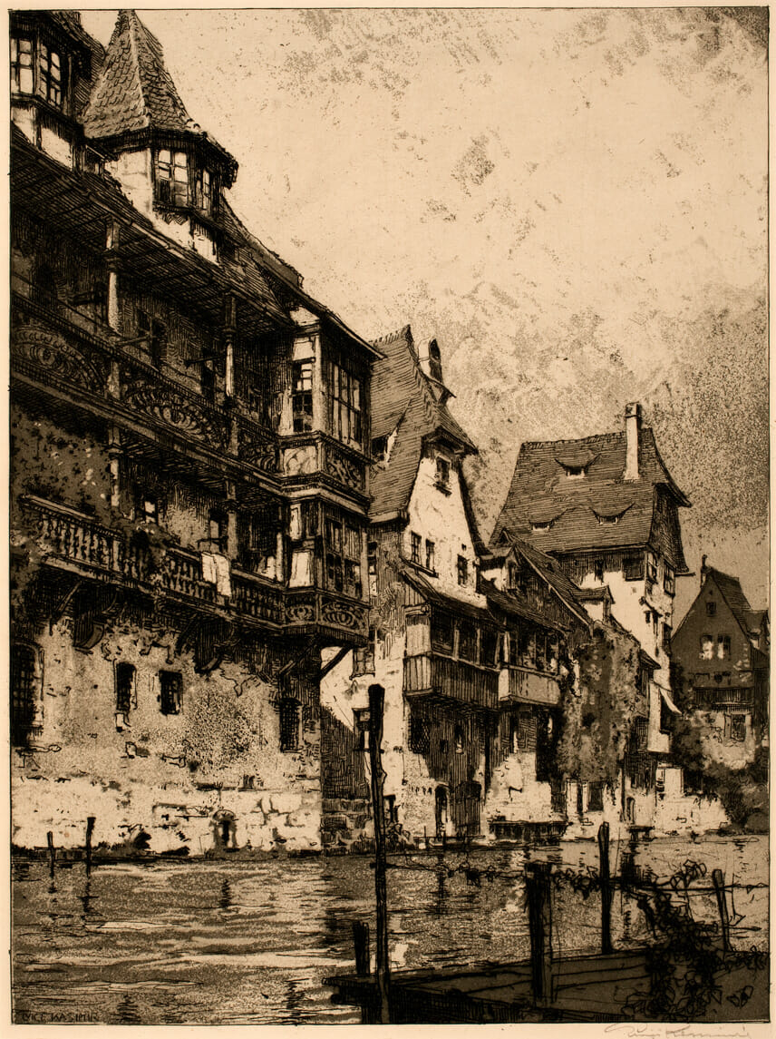Village Canal Scene. Artist: Luigi Kasimir. Medium: aquatint.