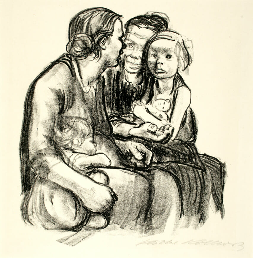 Zwei Schwatzende Frauen mit zwei Kindern [Two Chatting Women with Two Children]. Artist: Käthe Kollwitz. Date: 1930. Medium: lithograph.