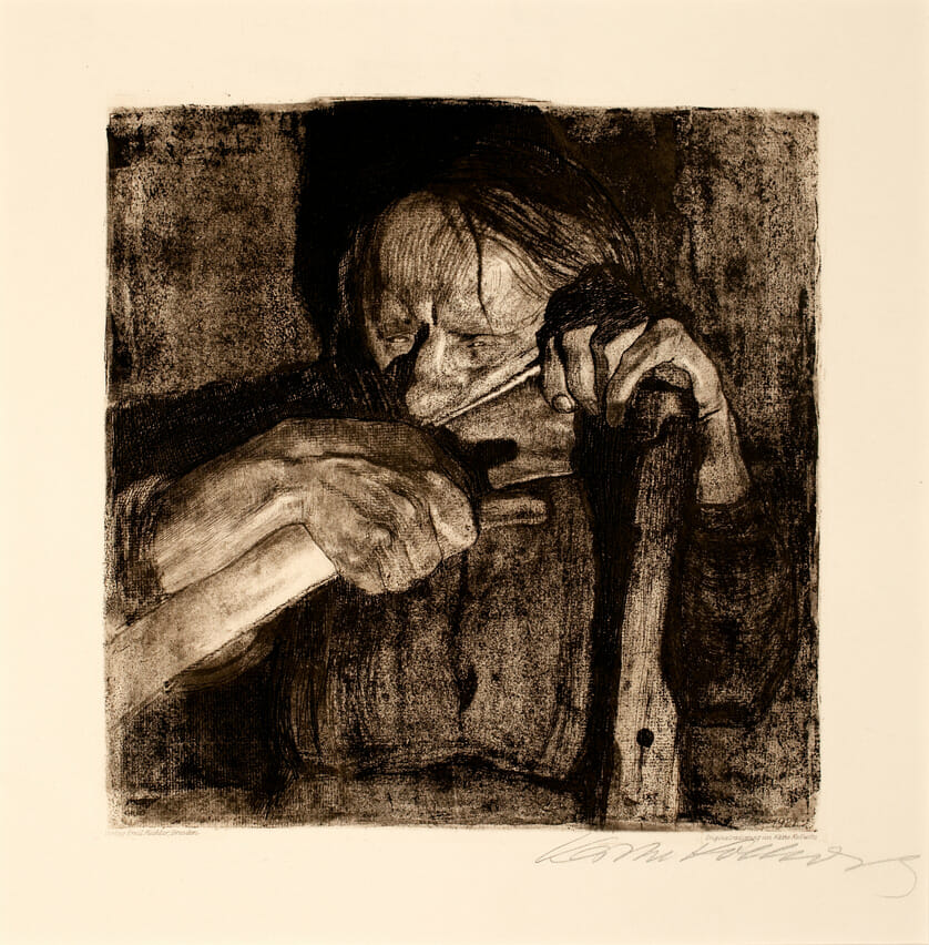 Beim Scythe [Whetting the Scythe]. Artist: Käthe Kollwitz. Date: 1905. Medium: soft ground etching on paper.