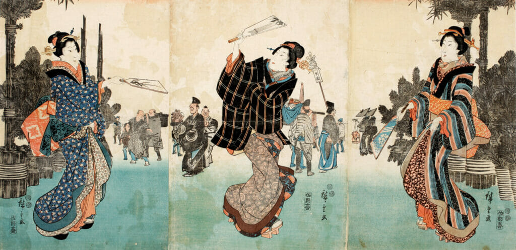 Three Beauties Playing Battledore at New Year. Artist: Utagawa Hiroshige. Medium: woodblock.