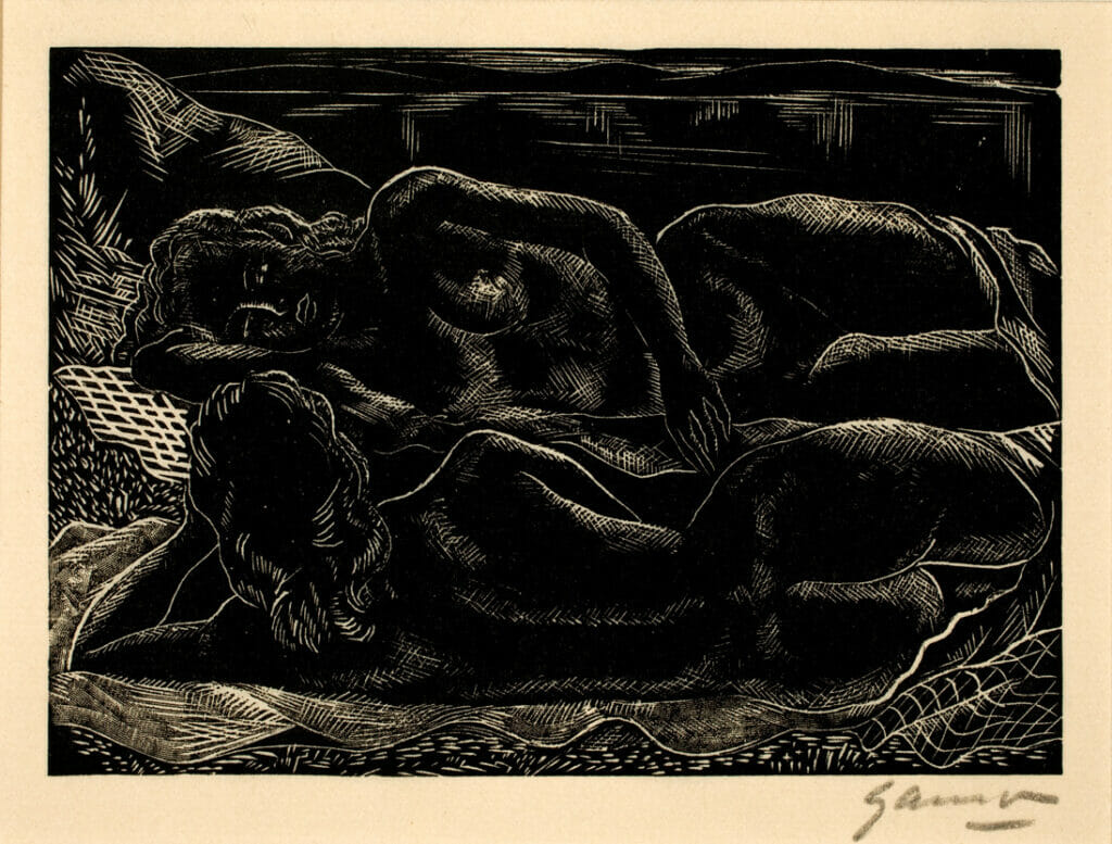 Two Nudes Reclining. Artist: Emil Ganso. Medium: wood engraving.