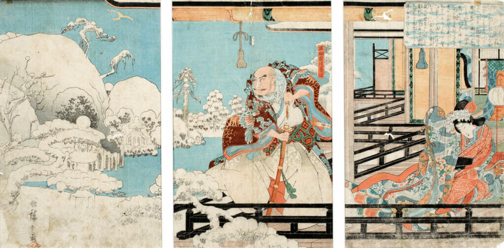 Taira no Kiyomori Looking at Snow Spectres. Artist: Utagawa Hiroshige. Medium: woodblock.