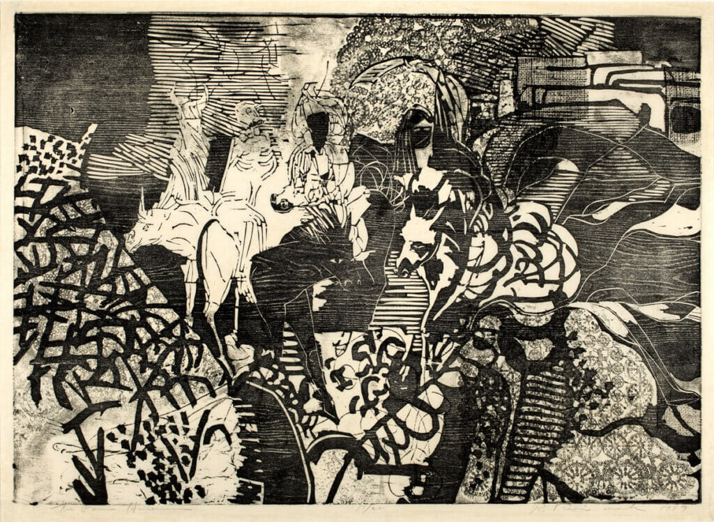 The Four Horsemen. Artist: Robert Freimark. Date: 1959. Medium: collograph with woodblock overprinting.
