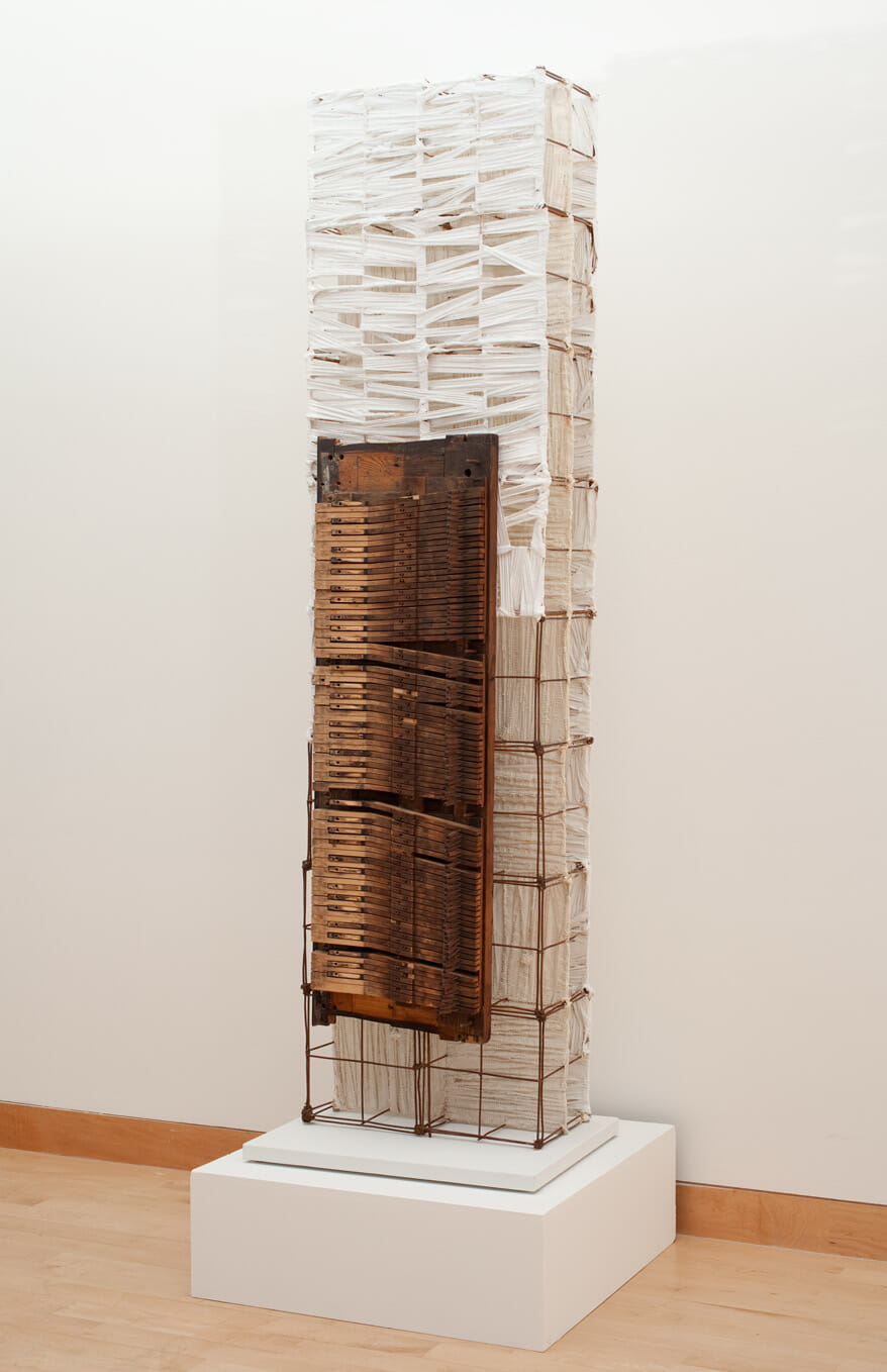 Strata. Artist: Jin Soo Kim. Date: 1991. Medium: chenille bedspread, acrylic, steel, copper wire, medical plaster bandage, and found keyboard.