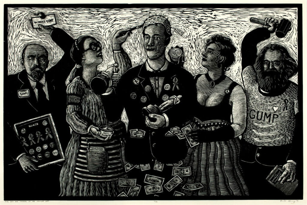 The Pain and Suffering of the Hollywood Left. Artist: Robert Gomez. Date: 1995. Medium: woodblock.