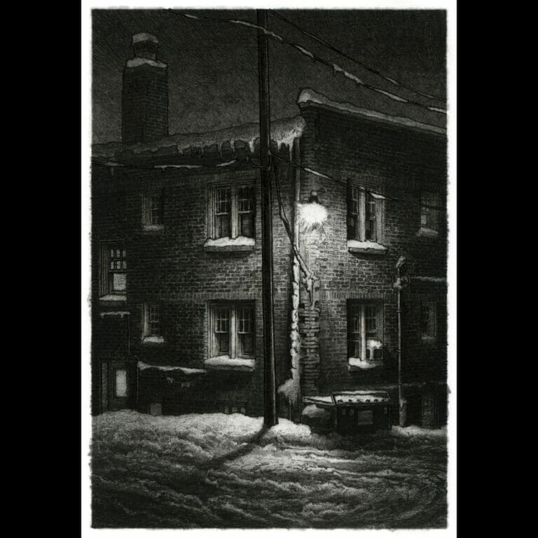 A black and white drawing of a building illuminated by a single light.