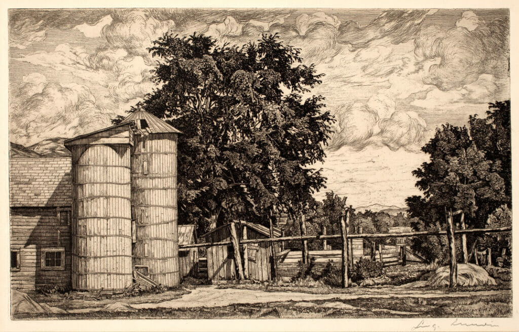 Two Silos. Artist: Luigi Lucioni. Date: 1942. Medium: etching.