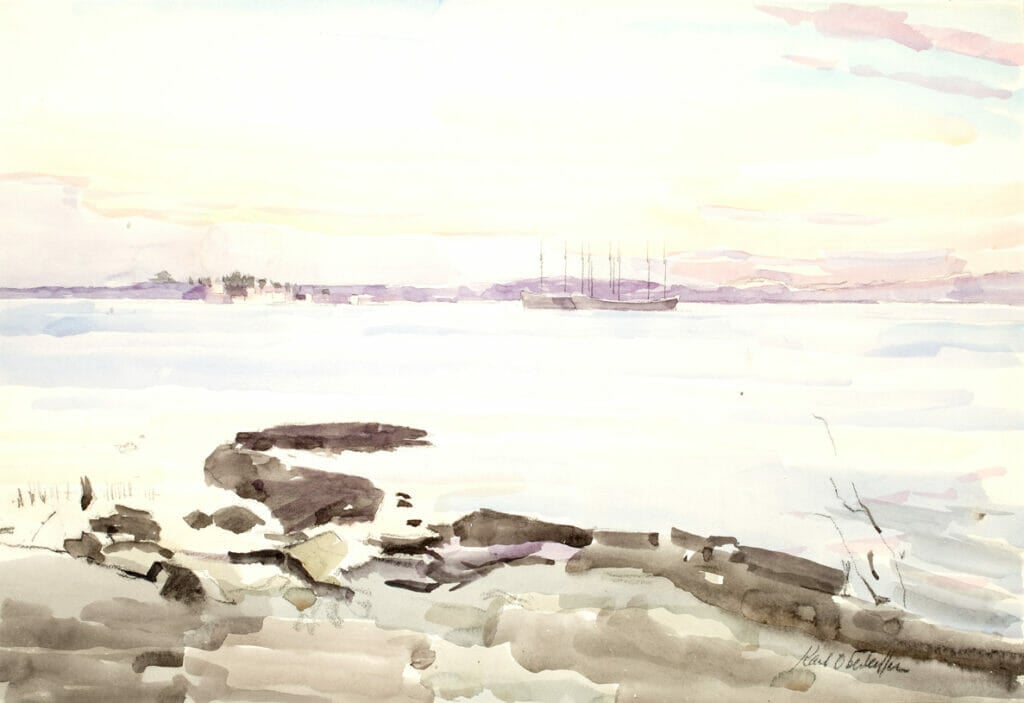 Across the Bay. Artist: Karl Oberteuffer. Medium: watercolor.