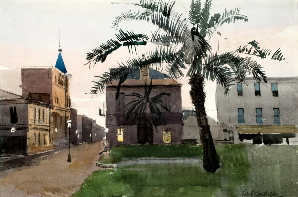 A Southern Street. Artist: Karl Oberteuffer. Medium: watercolor.