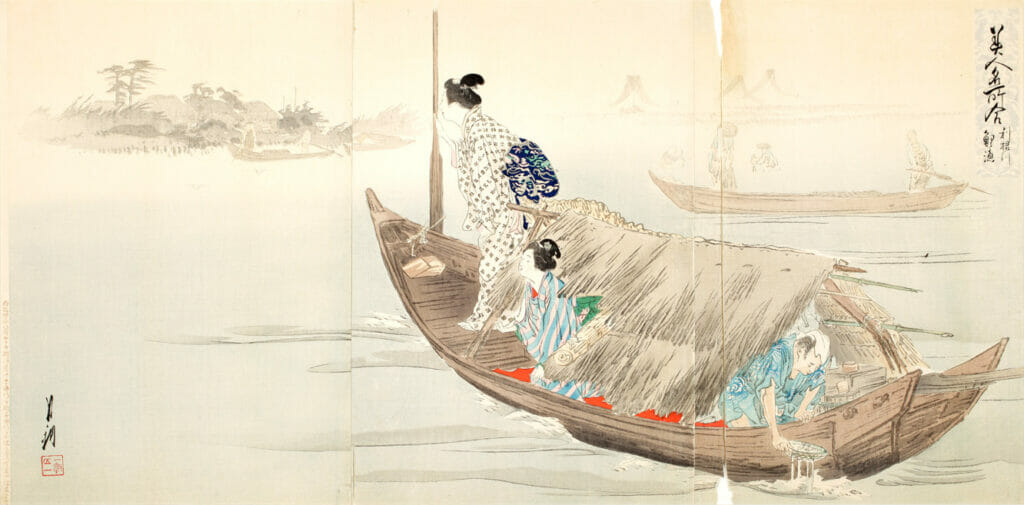 Catching Carp at the Tone River. Artist: Gekko Ogata. Medium: woodblock.