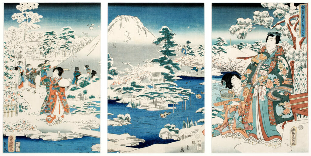 Viewing the Snow-covered Garden. Artist: Utagawa Kunisada. Date: 1859. Medium: woodblock, triptych.