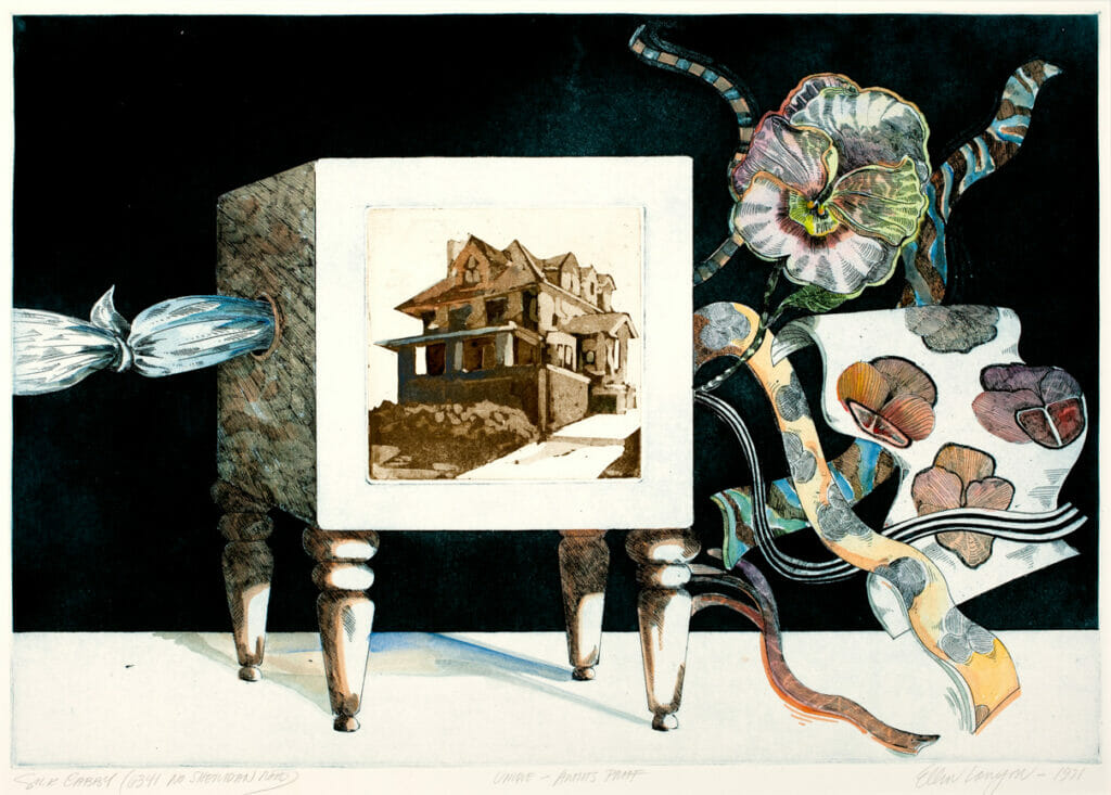 Silk Cabby  (6341 North Sheridan Road). Artist: Ellen Lanyon. Date: 1971. Medium: hand-colored etching.