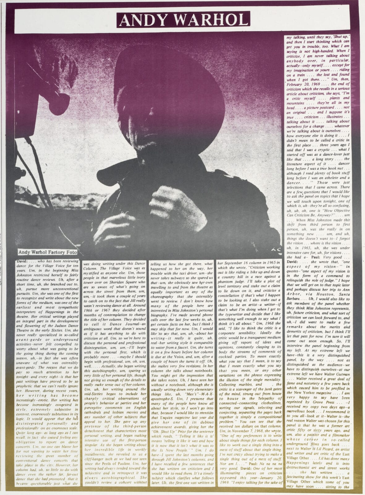 Culture Hero, Masterprint: Jill Johnston Exposed. Artist: Les Levine. Date: 1970. Medium: 28 offset lithographs on paper, cardboard, metal.