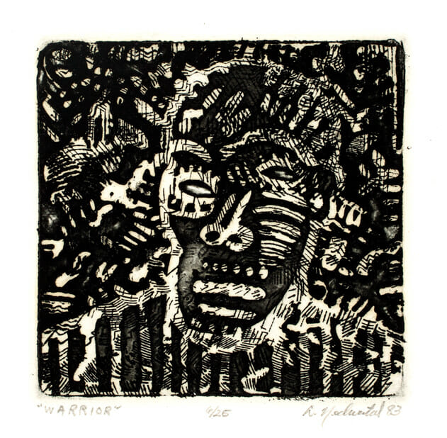 Warrior. Artist: Dennis Nechvatal. Medium: intaglio.