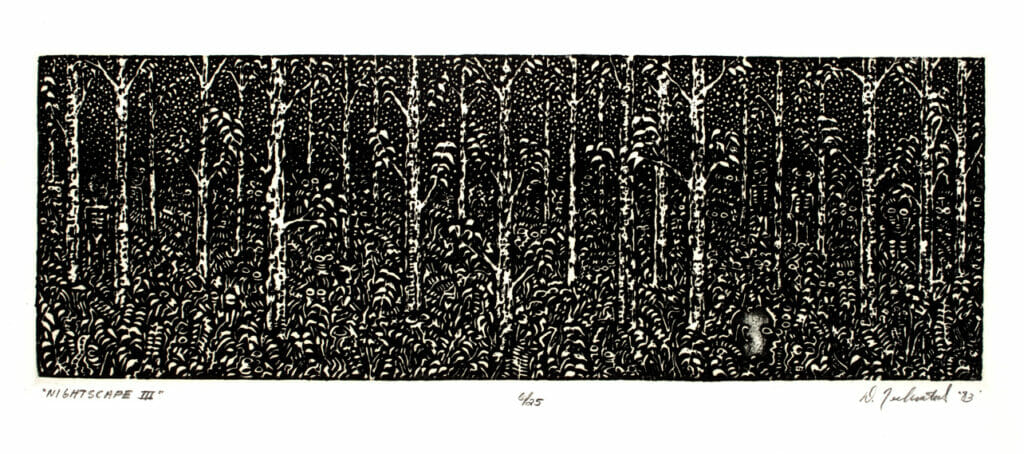 Nightscape III. Artist: Dennis Nechvatal. Medium: intaglio.