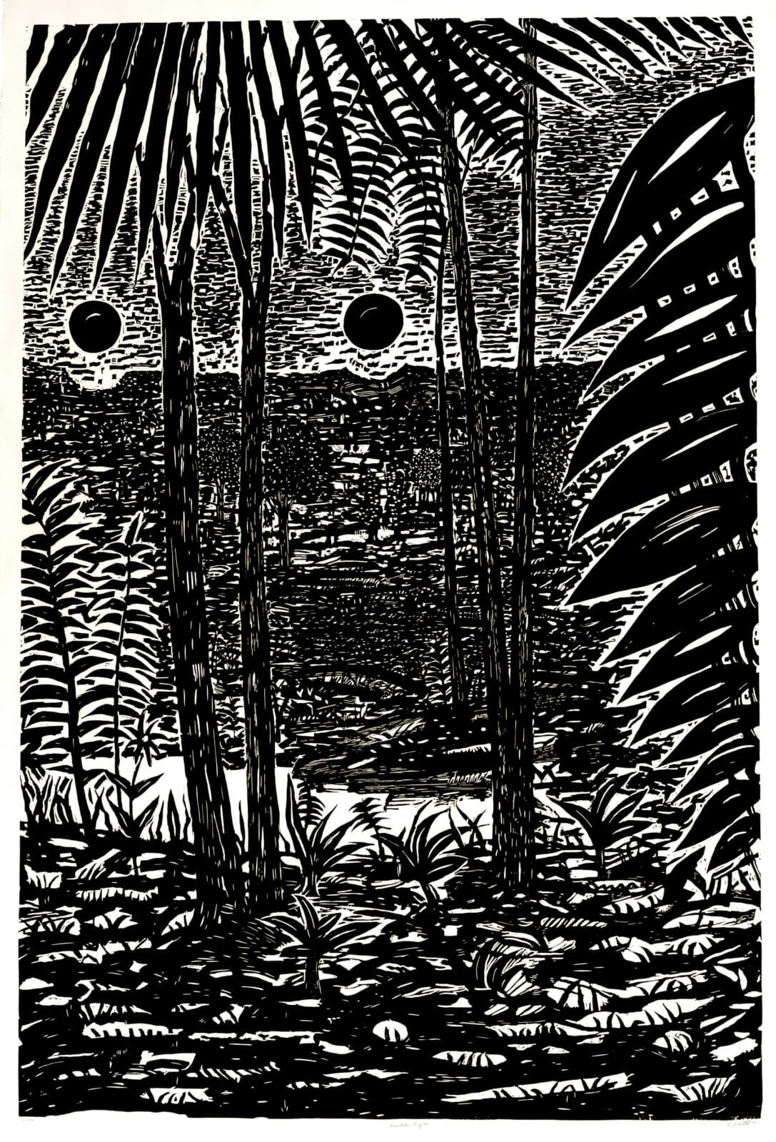 Birth. Artist: Dennis Nechvatal. Date: 1990. Medium: woodcut.