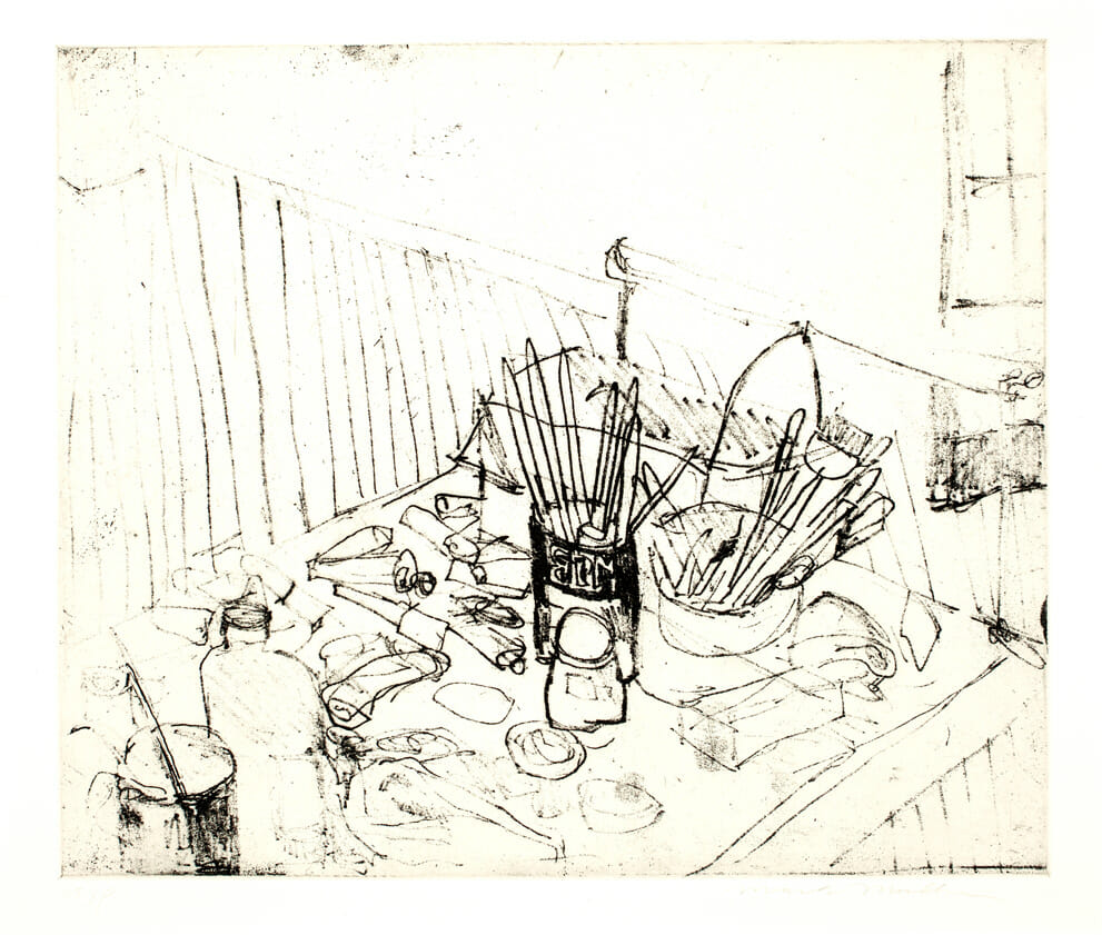 Untitled (work table). Artist: Mark Mulhern. Date: 1995. Medium: soft-ground etching.