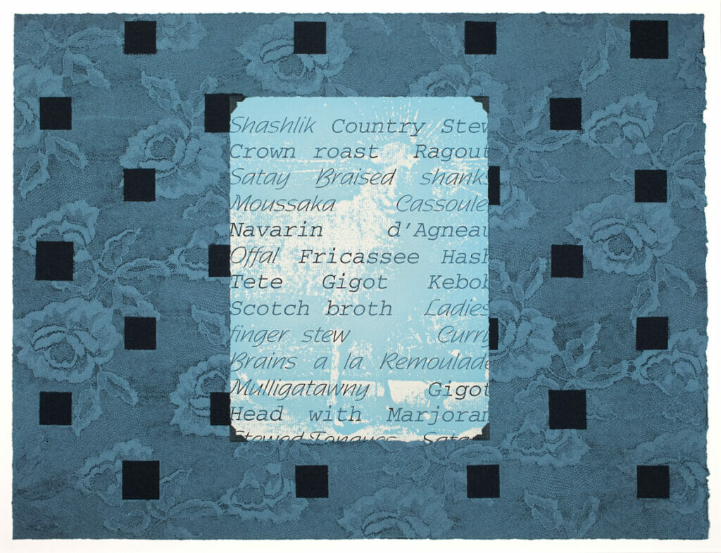 Favorite Recipes. Artist: Frances Myers. Date: 1996. Medium: etching with digital text BUT screenprint with collage WEBSITE.