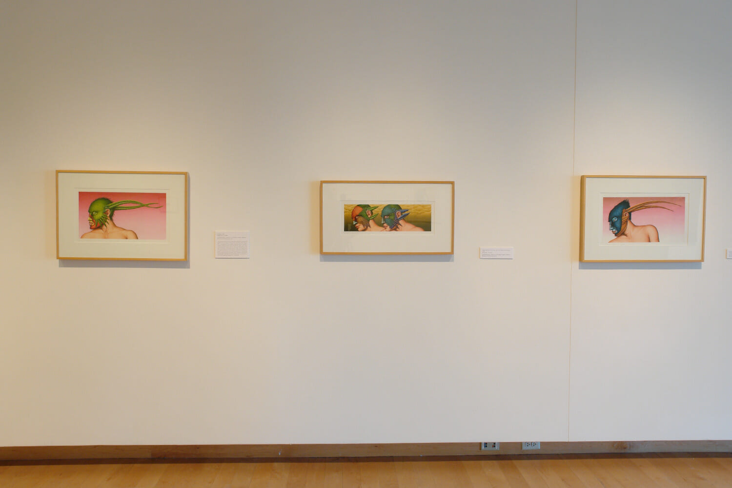 installation view of "The Singing Bird Rooms of Robert Lostutter" with framed artworks hanging across a wall