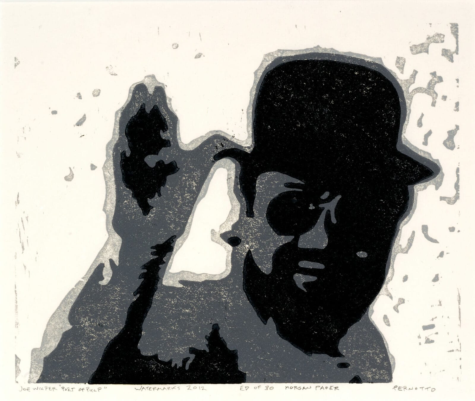 Joe Wilfer, “Poet of Pulp”. Artist: James Pernotto. Date: 2012. Medium: woodcut.