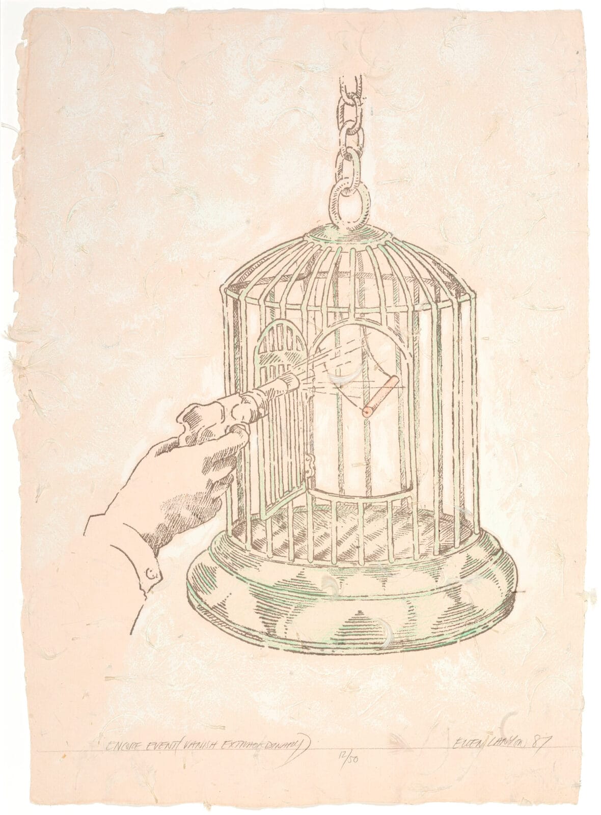 Encore Event (Vanish Extraordinary). Artist: Ellen Lanyon. Date: 1987. Medium: offset lithograph with graphite and acrylic, printed on handmade paper with chicken feathers by Joe Wilfer.