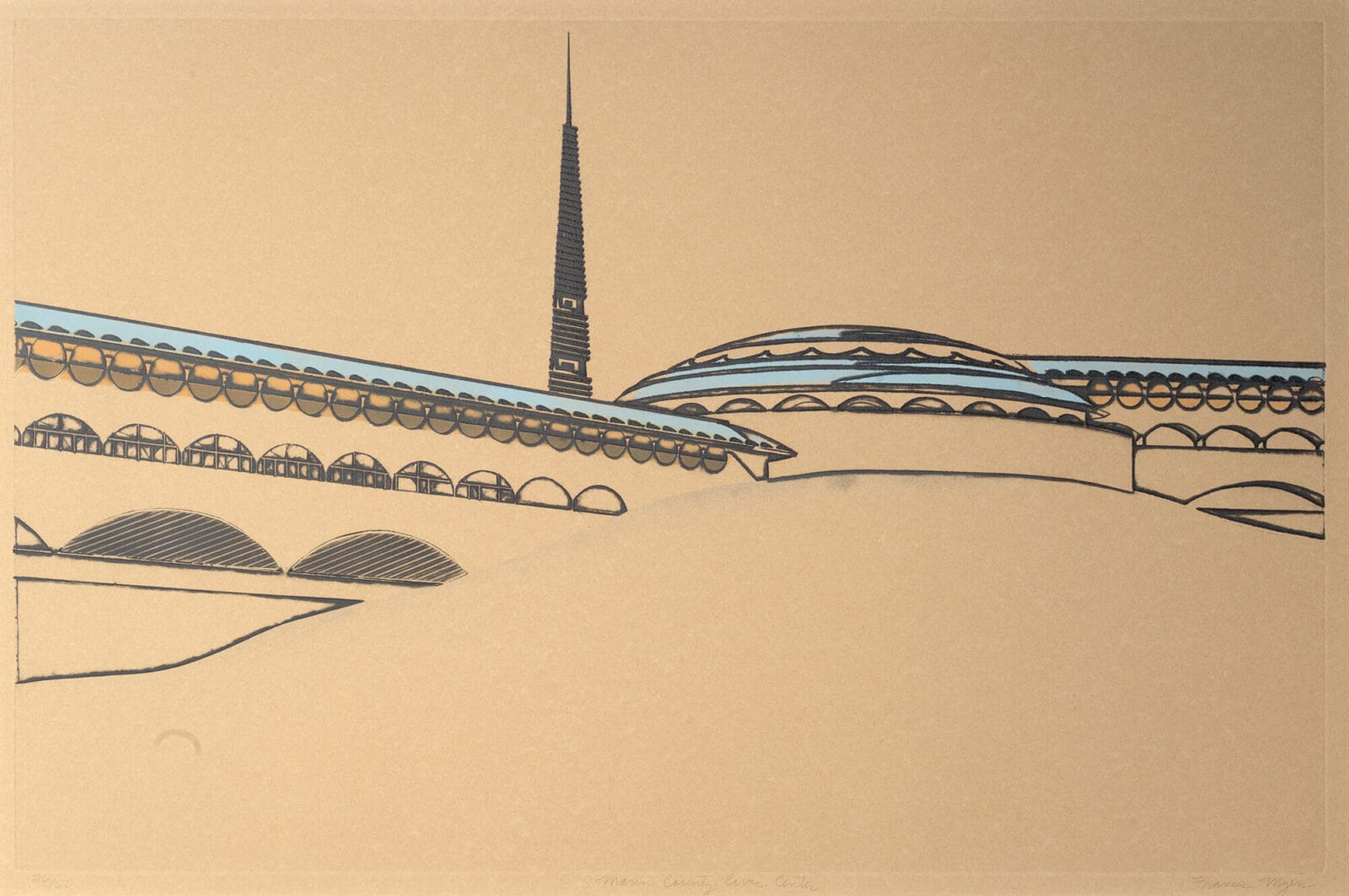Marin County Civic Center – Frank Lloyd Wright. Artist: Frances Myers. Date: 1977-80. Medium: etching.
