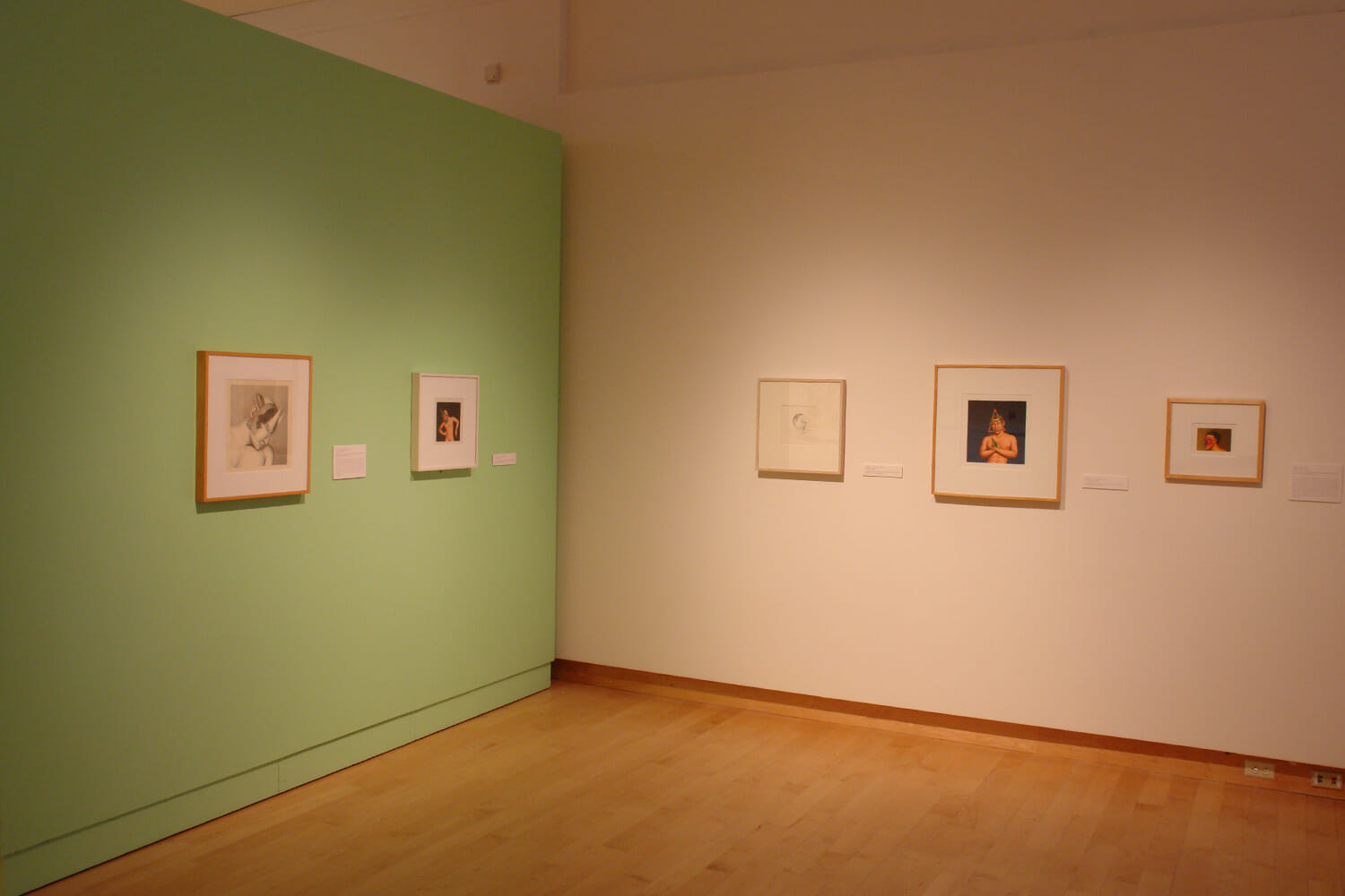 installation view of "The Singing Bird Rooms of Robert Lostutter" with framed artworks hanging across several walls